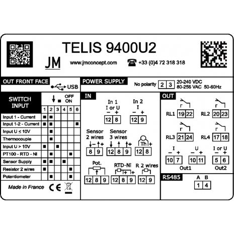 TELIS9400U2 - Convertisseur numerique à entrée universelle avec affichage et avec relais et 2 sorties analogiques